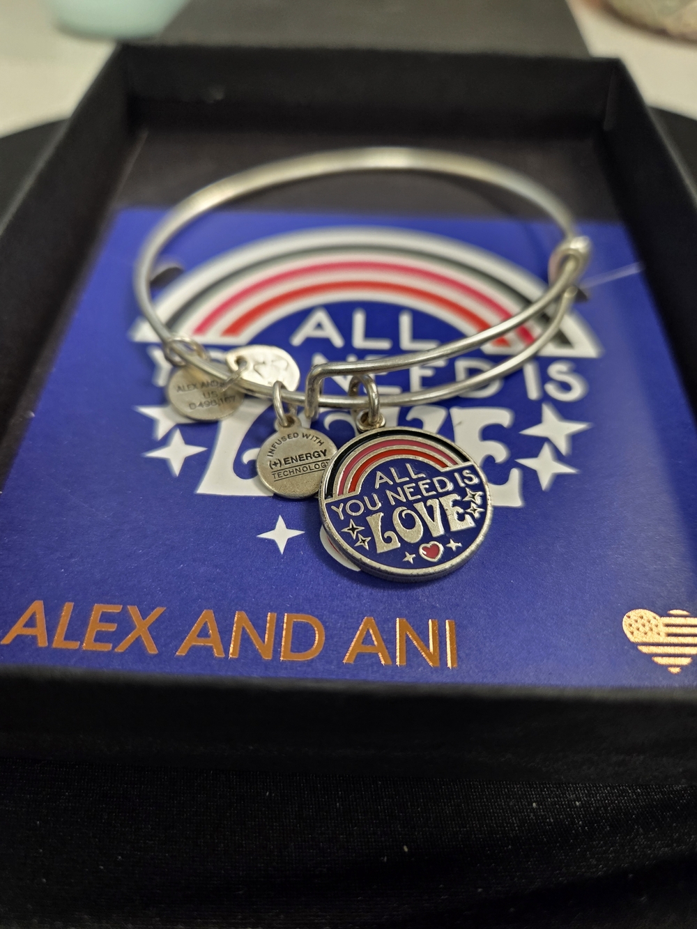 Alex and Ani "All You Need Is Love" Silver Charm Bangle - Blue & Red